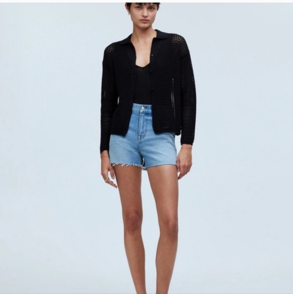 Madewell 100% Cotton Open-Stitch Polo Cardigan Sweater in Black. Size Large. - Picture 2 of 11